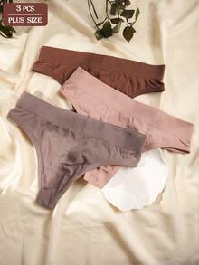 3pcs Plus Size Women's Thong Panties, Comfortable Elastic Breathable Seamless Underwear, Skin-Friendly Sports Panties, Simple Solid Color, Suitable For Daily Wear - Multicolor - View 4