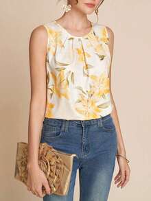 Blusa de cuello redondo sin mangas con estampado floral, nueva moda para mujer, ideal para otoño/invierno, vuelta al colegio, modesta, vintage, dinero antiguo, profesora, aeropuerto, verano - Multicolor - Ver 4