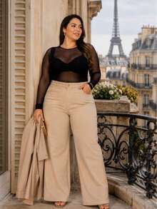 Women's Wide Leg Plus Size Pants, Chocolate Brown - Màu be - Xem 2