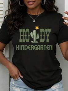 Camiseta de Enseñante de Jardín de Infancia con Diseño de Cactus para Mujer - Estilo Vintage Urbano Unisex, Camiseta de Manga Corta de Algodón Suelto con Cuello Redondo, 100% Algodón - Negro - Ver 1