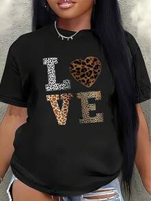 Camiseta de manga corta, ligera y duradera, con un diseño de leopardo con la palabra LOVE, es perfecta para descansar en casa o salir a cenar, lo que la convierte en una opción cómoda para el uso diario.blusas para mujer>ropa - Negro - Ver 1