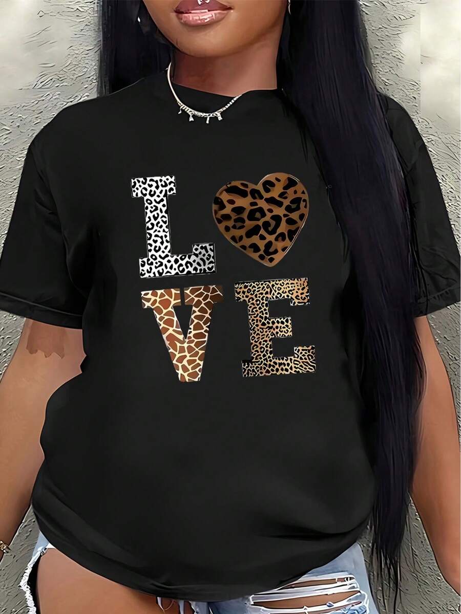 Camiseta de manga corta, ligera y duradera, con un diseño de leopardo con la palabra LOVE, es perfecta para descansar en casa o salir a cenar, lo que la convierte en una opción cómoda para el uso diario.blusas para mujer>ropa - Negro - Ver 1