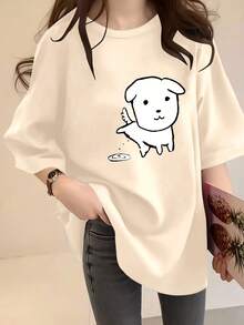Camiseta Bobari Friends Oversize, con diseño de cachorro levantando la pata pintado a mano, estampado divertido y gracioso de perro, estilo holgado y versátil, ideal para parejas y mejores amigos, manga corta - alta calidad. - Albaricoque - Ver 7
