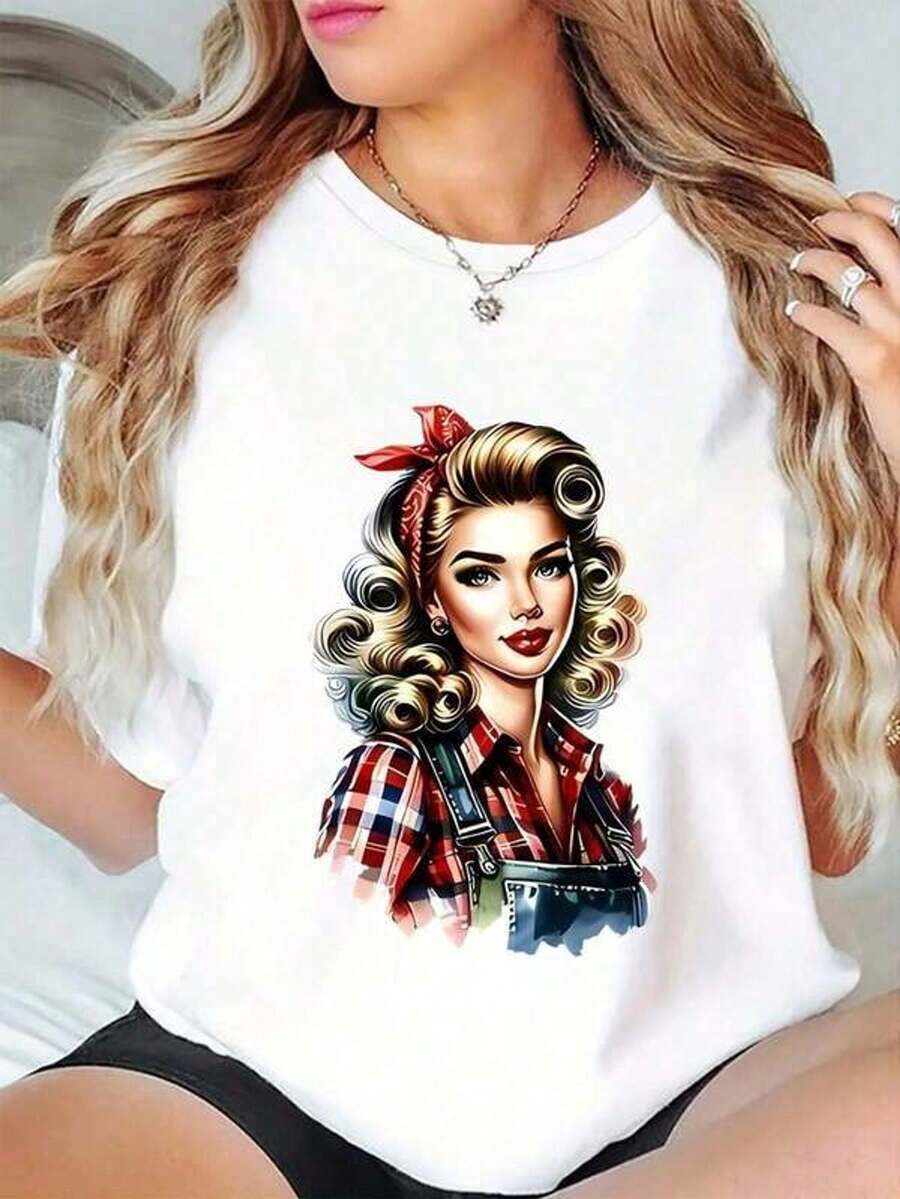 Chicin Up Women's Short Sleeve T-Shirt With Round Neck And Print, Plaid Shirt And Jumpsuit, Sizes S-3XL, Fashionable, Comfortable And Breathable, Machine Washable - 白色 - 查看 1