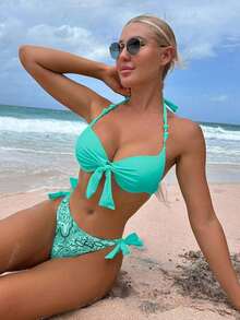 Conjunto de bikini de dos piezas de cobertura completa con aros de realce, liso, para playa de verano - verde menta - Ver 7