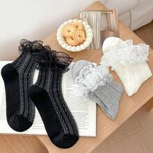 1/3 Pairs Spring/Summer Lace Trim Crew Socks, Sweet Girl Academy Style, Versatile Lolita Ruffle Socks - Multicolor - View 3