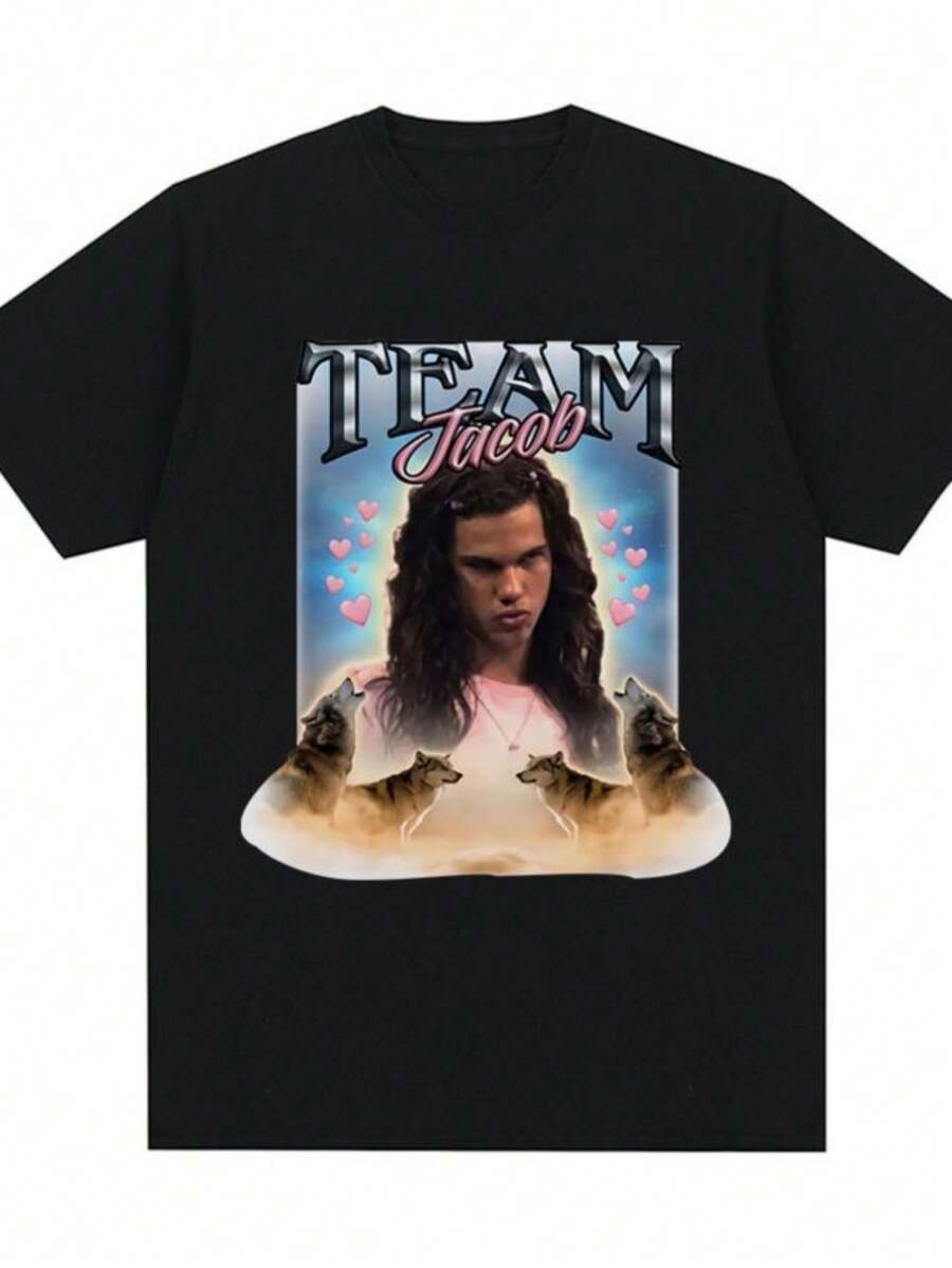 Women's T-ShirtsTeam Jacob Team Edward Graphic T-Shirt Funny Meme Short Sleeve T-Shirts Men Women Fashion Cotton Oversized T Shirts Streetwear - 黑色 - 查看 1