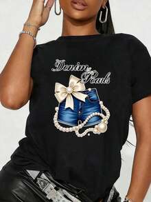 Women's Denim And Pearl Fringe Bow T-Shirt - White Short Sleeve Cowboy Style Blouse, Breathable, Round Neck, Casual Summer Machine Washable, With Denim Inspired Details, Casual Blouses For Ladies. - 白色 - 查看 4