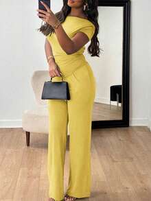 New Women's Summer Outfit, Minimalist And Elegant Style, Short Sleeves, Long Pants, Flattering Design, Cool, Versatile, Perfect For Office, Daytime Looks, Walks And Everyday Wear - 黃色 - 查看 5