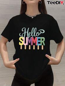 Camiseta de verano de talla grande para mujer con estampado de paletas de helado - Diseño colorido de cubitos de hielo con el texto "Hola Verano", top casual de manga corta y cuello redondo, adecuada para la playa, la piscina y el uso diario - Ropa de verano lavable a máquina. - Negro - Ver 1