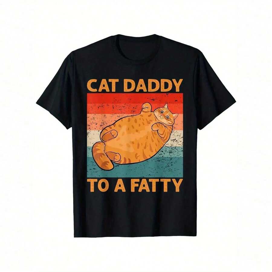 Retro Cat T-Shirt For Pet Mom And Dad, Unisex Adult Cat Theme, Black, Small Size, Retro Fat Dad T-Shirt, Funny Cat Dad T-Shirt, Suitable For Men And Women, Short Sleeve Outdoor T-Shirt, 100% Cotton, Sizes S-XXXL FSOT DSYY LMKD - 黑色 - 查看 1