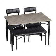 Space-Saving 4-Piece Dining Table Set For 4   Industrial Rustic Brown & Black – Wooden Table With Upholstered Chairs & Bench - Grey - View 6
