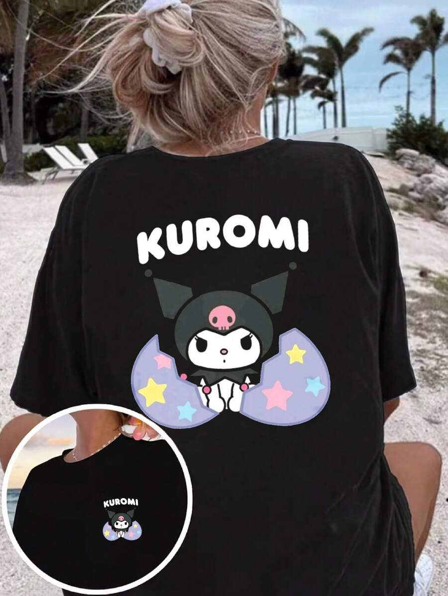 Women's Short-Sleeved T-Shirt With A Black And White Shell-Breaking Print, Featuring A Dark, Sweet, And Fresh Style. It Has A Loose Fit And Is Suitable For Birthday Gifts And Valentine's Day Presents. | Exquisite Design | Loose And Comfortable | Easy To Match | - 黑色胸前小圖 - 查看 1
