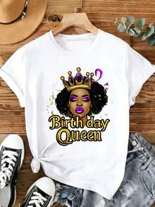 Camiseta Deportiva Casual para Mujer con Gráfico Colorido de Reina de Cuento de Hadas - Camiseta Elástica de Cuello Redondo, Lavable aáquina, Ajuste Cómodo y Apta para Todas las Estaciones, Perfecta para Celebrar Cumpleaños con Estilo. - Blanco - Ver 7