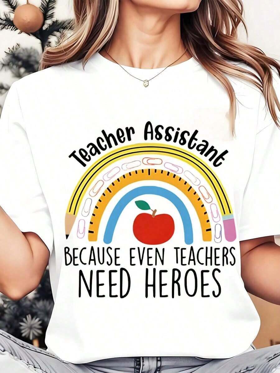 Soft, breathable, and lightweight for all-day comfortWomen Round Neck T Shirt Teacher Assistant Because Even Teachers Need Heroes Rainbow Apple And Ruler Print Casual School Workwear For Tea - Blanco - Ver 1