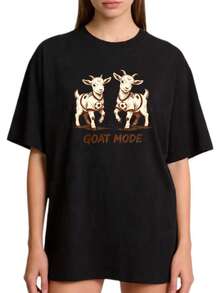 Premium Casual Women's T-Shirt With Cartoon Goat Design, Basic Round Neck, Sizes S-2XL, 100% Pure Black And White Goat Pattern Print, Suitable For Family Wear And Couple Sets, A Summer Gift, A Mother's Day Gift For Mom, A Gift For Relatives, A Gift For Best Friends, . - 黑色 - 查看 8
