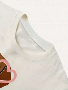 Camiseta de manga corta 100% algodón con estampado de corazón de dachshund, tops casuales para mujer, para vacaciones de verano. |   Diseño exquisito |   Suelto y cómodo |   Fácil de combinar | - Albaricoque - Ver 4