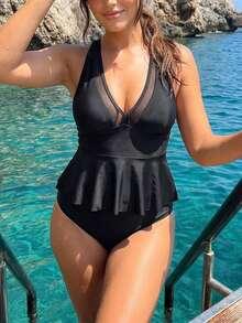 Womens Swim Skirt High Waisted Bikini Sets Tummy Control Swimsuits Mesh Sarong Wraps Bathing Suits - A Black - View 4