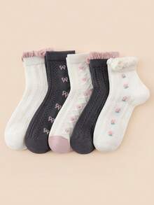 5 Pairs Women's Sweet Floral Pattern Lace Trim Breathable Comfortable Versatile Mid-Calf Socks - Multicolor - View 5