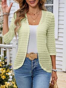 Chaqueta casual de mujer de unicolor con manga 3/4 y frente abierto, cárdigan de ganchillo para mujer, cárdigan de punto para mujer, cárdigan de verano para mujer, cárdigan delgado de punto para mujer, tops de punto para mujer en otoño/invierno - Verde - Ver 3