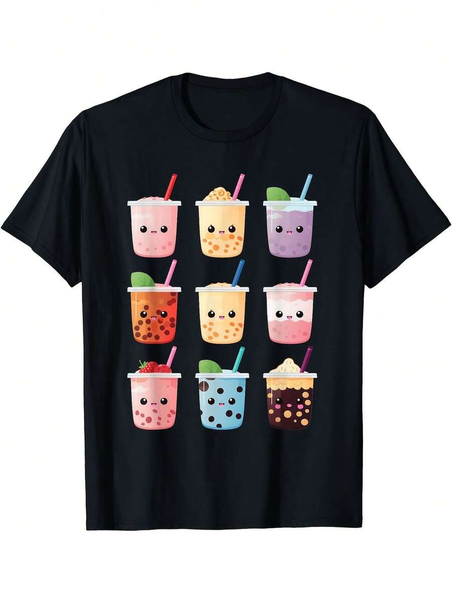 Camiseta con Estampado de Té de Burbujas, Unisex, Estampado Kawaii de Té con Leche y Perlas, Manga Corta, Uso Diario, Ropa Urbana de Moda Verano 2026, Top Moderno, Camiseta Estampada Casual de Alta Calidad y Comodidad. - Negro - Ver 1