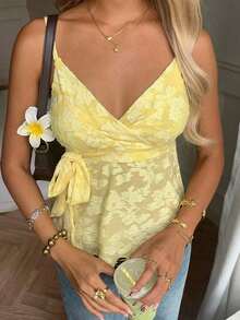 Camiseta sin mangas con corte en la cintura y lazo delantero, de estilo casual para mujer, en color amarillo - Amarillo - Ver 4