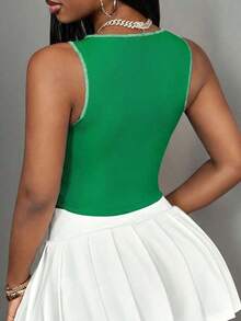 Top corto sin mangas con contraste de color acanalado, estilo casual básico, deportivo, sexy y de calle Y2K para mujeres - verde menta - Ver 2