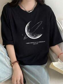 2026 new Camisetas Para Mujer Camiseta negra divertida diseño espacial original cómodo estilo moderno juvenil 100% algodón suave diario casual fiesta trabajo clima cálido talla S/M/L/XL  moda popular - Negro - Ver 6