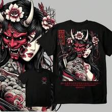 Unisex Black T-Shirt, 100% Unwashed Cotton, A320 Geisha Design With Hannya Mask, Anime And Samurai Style, Streetwear Aesthetic Fashion, Casual Wear For Men And Women, Perfect For Daily Wear And Gifts, Sizes S To 3XL - 黑色 - 查看 5
