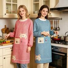 2pcs Women's Long Sleeve Apron, Suitable For Home Kitchen Use, Reversible Lightweight Apron For Summer, Fashion Work Uniform, Multi-Color Options, Suitable For Cooking, Baking, Gardening And Chef Work - One Size Fits All - View 1
