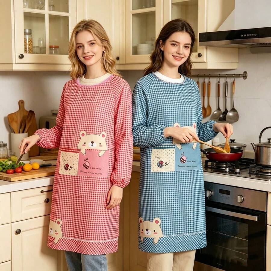 2pcs Women's Long Sleeve Apron, Suitable For Home Kitchen Use, Reversible Lightweight Apron For Summer, Fashion Work Uniform, Multi-Color Options, Suitable For Cooking, Baking, Gardening And Chef Work - One Size Fits All - View 1