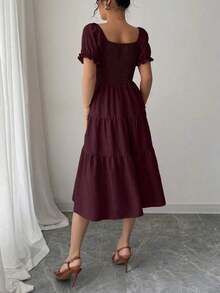 xheElenzga Vestido casual de mujer de unicolor, vestido de manga corta con cuello cuadrado en caqui, vestido de línea A cintura ceñida de punto de cable para vacaciones, de veranoxhe - Granada - Ver 2
