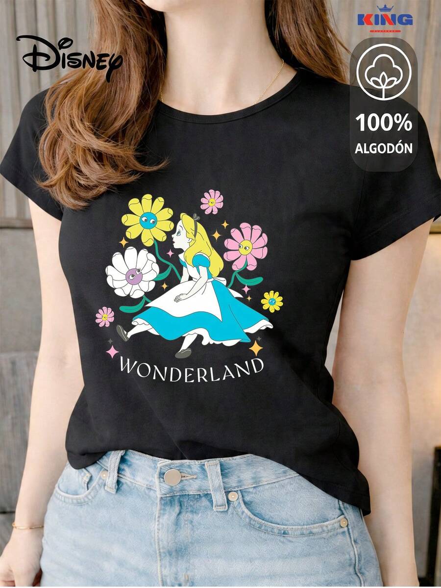Women's T-Shirt Made Of 100% High-Quality Cotton. This T-Shirt Guarantees Exceptional Softness To The Touch, With A Round Neck, "Disney Alice In Wonderland Flowers" Print, And Short Sleeves. - 黑色 - 查看 1
