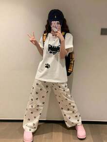 Camiseta de manga corta personalizada con estampado de pata de gato estilo pixelado Y2K, holgada estilo Lolita, versátil, casual, blanca, estilo vintage de verano, estilo urbano, unisex, de algodón, manga corta y cuello redondo. - Blanco - Ver 4