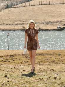 Vestido mini de verano elegante con estampado de lunares y cintura con lazo para mujer - Marrón - Ver 6