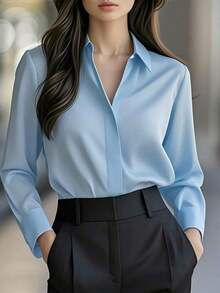 Camisa de manga larga de unicolor elegante para mujer - Blusa de cuello clásico no transparente, tela premium para primavera, verano y otoño, versátil para uso casual y profesional, lavable a máquina/limpieza en seco, diseño estilizado, textura refinada - azul cielo - Ver 1