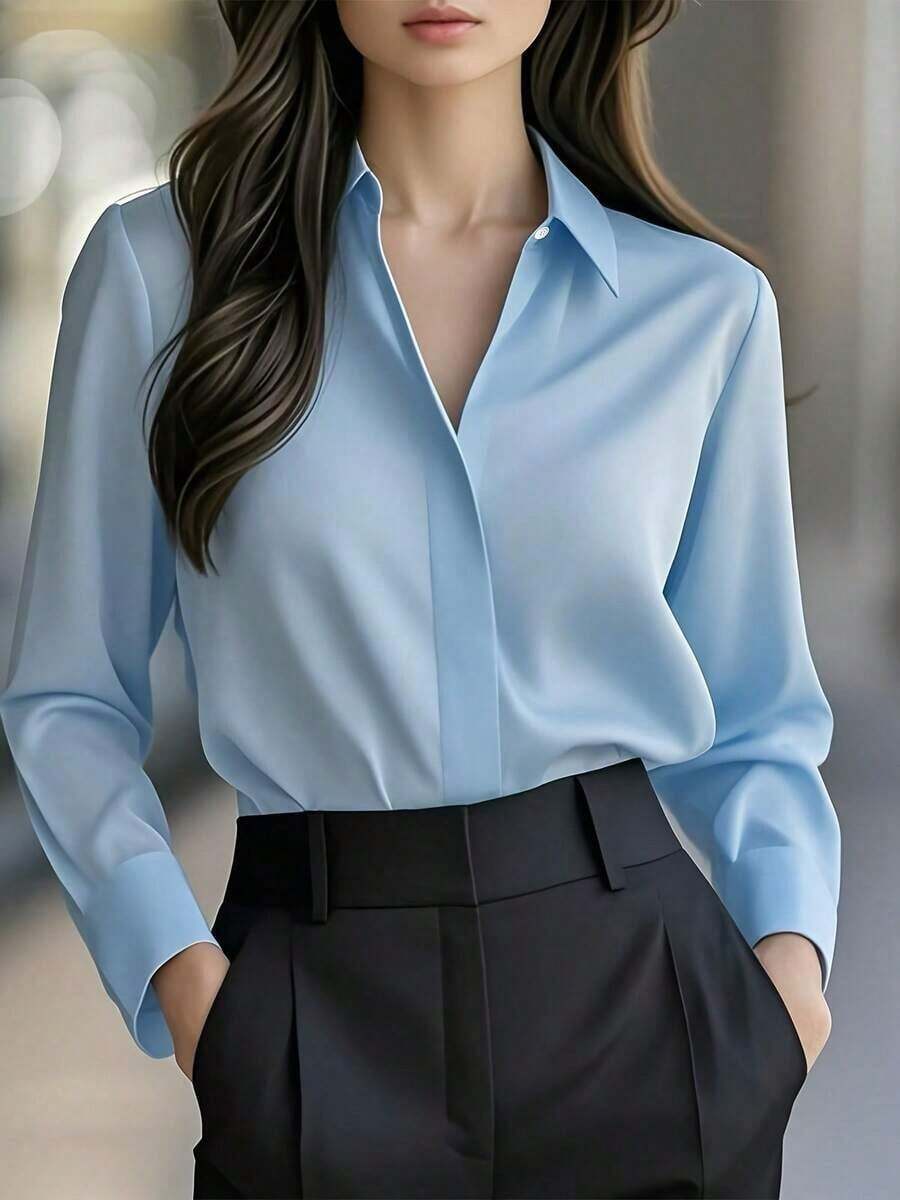 Camisa de manga larga de unicolor elegante para mujer - Blusa de cuello clásico no transparente, tela premium para primavera, verano y otoño, versátil para uso casual y profesional, lavable a máquina/limpieza en seco, diseño estilizado, textura refinada - azul cielo - Ver 1