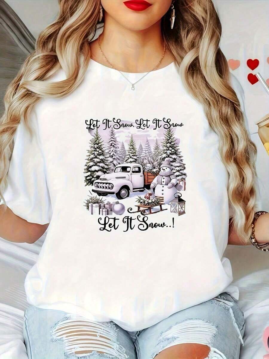 Plus Size - Plus Size T-Shirt, Plus Size Women's T-Shirt With Christmas Print, Casual White Short Sleeve T-Shirt With Round Neck, Relaxed Streetwear. - 白色 - 查看 1