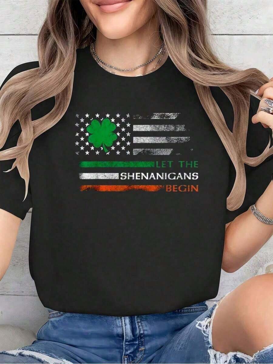 Cotton T-Shirt % Cotton With Irish American Flag Let Shenanigans Begin St. Patrick's Day Short-Sleeve T-Shirt / Short-Sleeve Tee - 黑色 - 查看 1