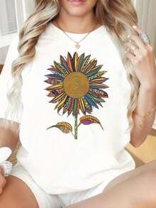 Women's Round Neck Short Sleeve T-Shirt, Fun Colorful Sunflower Pattern Print, Black T-Shirt For Women, Casual Style, Short Sleeve, Boho Style, Graphic T-Shirt, Summer Clothes, Fashion T-Shirt, Suitable For Valentine's Day, Christmas Parties, Sports Activities, Holiday Parties, Outings, Sports And Other Festive Gifts (220g). - 黑色 - 查看 4