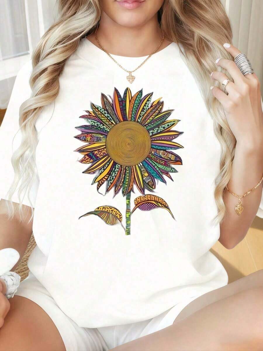 Women's Round Neck Short Sleeve T-Shirt, Fun Colorful Sunflower Pattern Print, Black T-Shirt For Women, Casual Style, Short Sleeve, Boho Style, Graphic T-Shirt, Summer Clothes, Fashion T-Shirt, Suitable For Valentine's Day, Christmas Parties, Sports Activities, Holiday Parties, Outings, Sports And Other Festive Gifts (220g). - 白色 - 查看 1