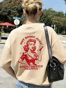 Short-Sleeved T-Shirt With A Round Neck And Slogan Print, Casual Summer Style For Women, Fashionable Everyday Wear And Vacation Wear, Suitable For Daily Use And Holidays - Urban Vintage Style, Unisex, Cotton, Short-Sleeved, Round Neck, Blouses For Women. Casual Blouses For Ladies. - 杏色 - 查看 3