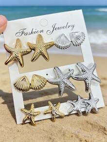 12pcs Gold + Silver CCB New Beach Jewelry, Vintage Starfish & Shell Elements, Suitable For Women Holiday Wear Earrings - Gold - View 5