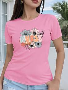 Women's T-Shirt 100% Cotton, Short Sleeve, Regular Fit - Vibrant Design With Floral Nurse Print And 2D Geometric Drawing, Casual And Fun Style, Round Neck, Available In Multiple Colors And Sizes For All Seasons, Festive Fashion, Retro Aesthetic, Breathable Material, Fun. - 杏色 - 查看 10