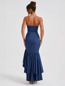 Sleeveless Knit Maxi Dress With Ruffles, Elegant And Sensual Bustier Spring Summer Fashion - Blue - View 2