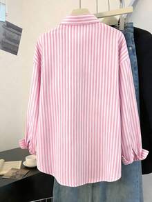 Camisa de mujer de manga larga a rayas, de un solo pecho, casual y versátil para uso diario - Rosa Fucsia - Ver 2
