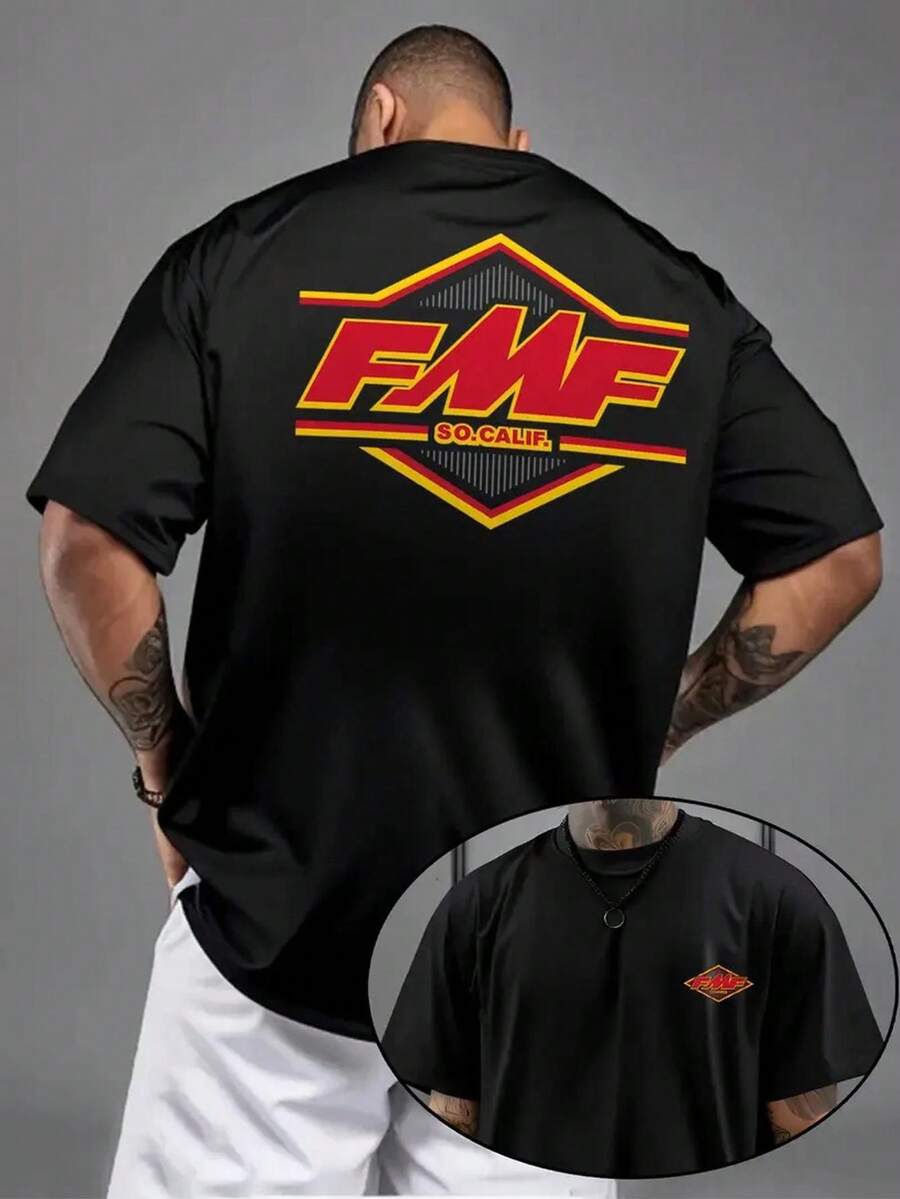 Camiseta de manga corta casual de corte holgado para hombre  - Diseño de cuello redondo para verano, llamativo estampado de logotipo en colores amarillo y rojo, lavable a máquina, tela cómoda, estilo elegante, material transpirable, estilo urbano, camiseta estampada a la moda, regalo ideal para hombres. - Negro - Ver 1