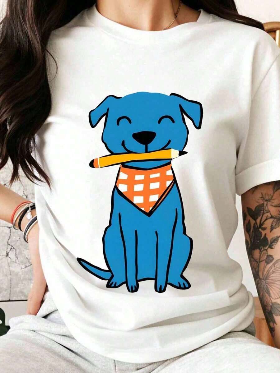 Women's T-Shirt With Graphic Design Of A Cute Blue Dog With A Pencil And Bandana, Summer Casual Wear, Funny Animal Design T-Shirt, Gift For Dog Lovers, 100% Pure Cotton, Women's T-Shirt. - 白色 - 查看 1