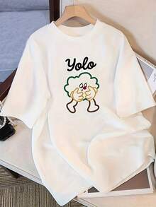 Camiseta de verano de algodón puro, holgada, de cuello redondo, versátil, cómoda y casual para mujer, juvenil y a la moda, blusa de manga corta para uso diario. - Blanco - Ver 3