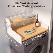 OMCHOM Washer Dryer Countertop Organizer With 2-Tier Shelf, Wood Laundry Room Storage Topper With Edge Guard Rails, Smooth Surface Laundry Space Organizer, Fits Most Standard Washers & Dryers, Laundry Essentials Holder For Bathroom, Mudroom - White + Natural Wood Color - View 2